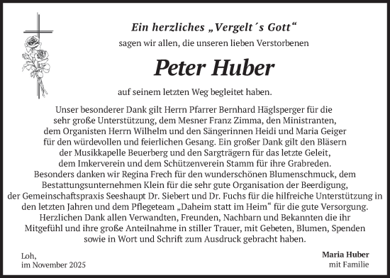 Traueranzeige von Peter Huber von merkurtz