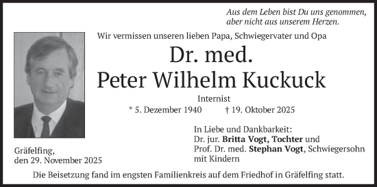 Traueranzeige von Peter Wilhelm Kuckuck von merkurtz