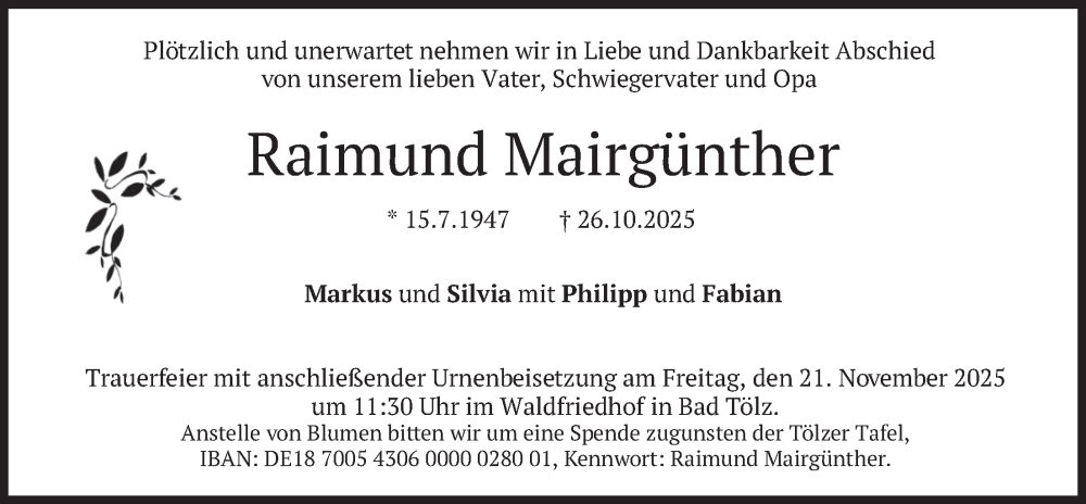  Traueranzeige für Raimund Mairgünther vom 15.11.2025 aus merkurtz