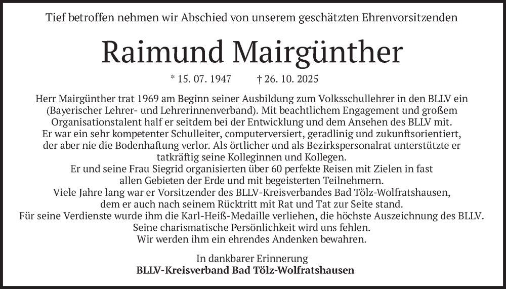 Traueranzeige für Raimund Mairgünther vom 15.11.2025 aus merkurtz