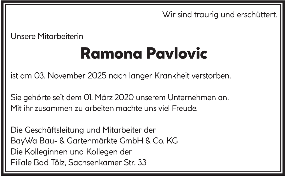  Traueranzeige für Ramona Pavlovic vom 11.11.2025 aus merkurtz