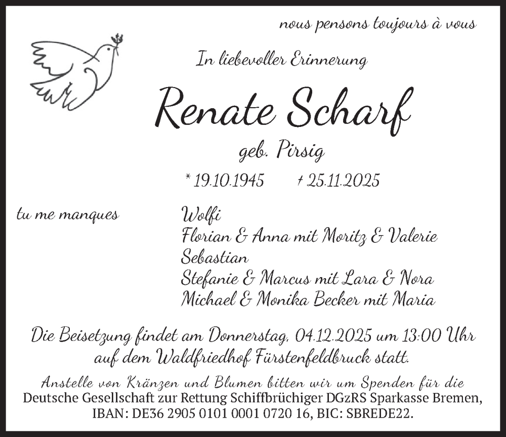  Traueranzeige für Renate Scharf vom 29.11.2025 aus merkurtz