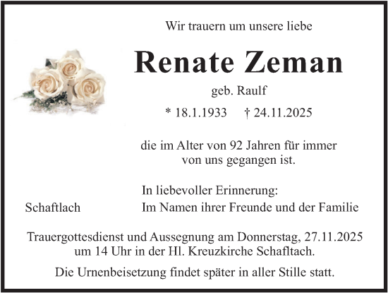 Traueranzeige von Renate Zeman von merkurtz