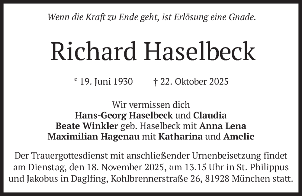  Traueranzeige für Richard Haselbeck vom 15.11.2025 aus merkurtz