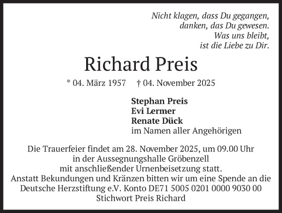 Traueranzeige von Richard Preis von merkurtz