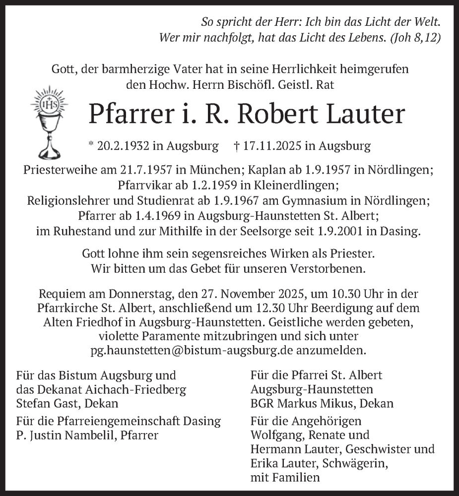  Traueranzeige für Robert Lauter vom 22.11.2025 aus merkurtz
