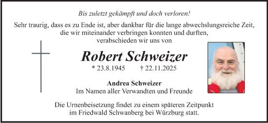 Traueranzeige von Robert Schweizer von merkurtz