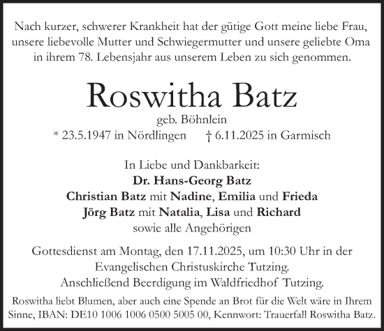 Traueranzeige von Roswitha Batz von merkurtz