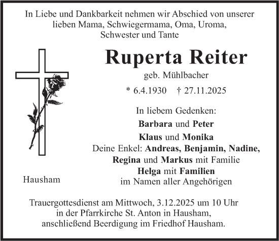 Traueranzeige von Ruperta Reiter von merkurtz