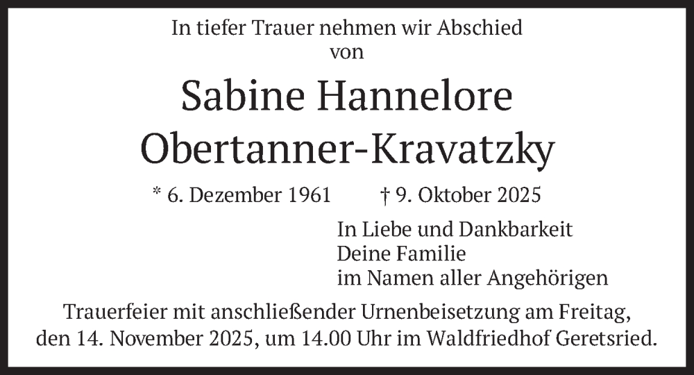  Traueranzeige für Sabine Hannelore Obertanner-Kravatzky vom 08.11.2025 aus merkurtz