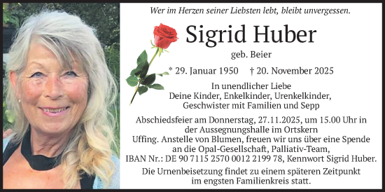 Traueranzeige von Sigrid Huber von merkurtz