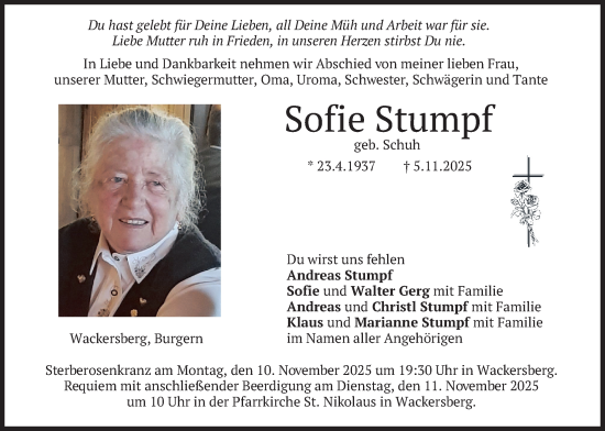 Traueranzeige von Sofie Stumpf von merkurtz