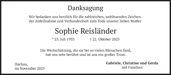 Traueranzeige von Sophie Reisländer von merkurtz