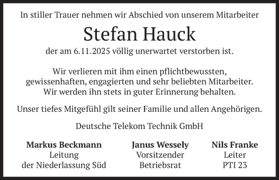 Traueranzeige von Stefan Hauck von merkurtz