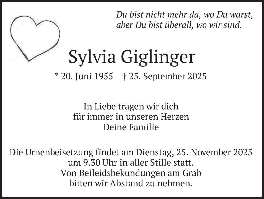  Traueranzeige für Sylvia Giglinger vom 22.11.2025 aus merkurtz