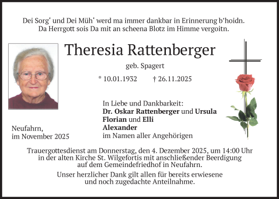 Traueranzeige von Theresia Rattenberger von merkurtz