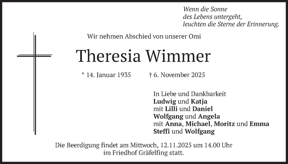  Traueranzeige für Theresia Wimmer vom 10.11.2025 aus merkurtz