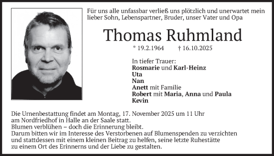 Traueranzeige von Thomas Ruhmland von merkurtz