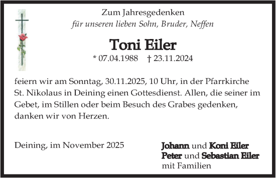 Traueranzeige von Toni Eiler von merkurtz