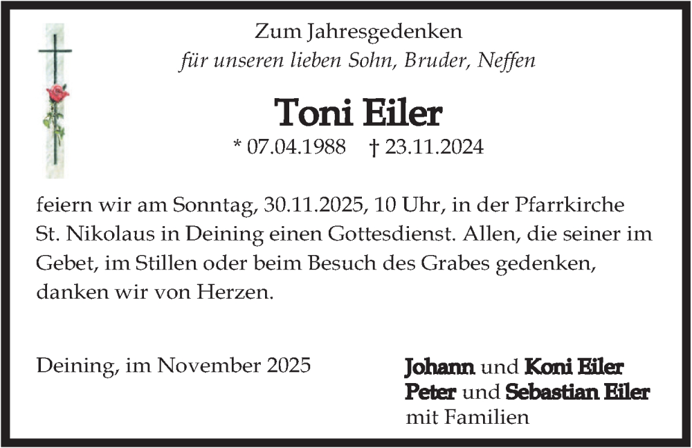  Traueranzeige für Toni Eiler vom 22.11.2025 aus merkurtz