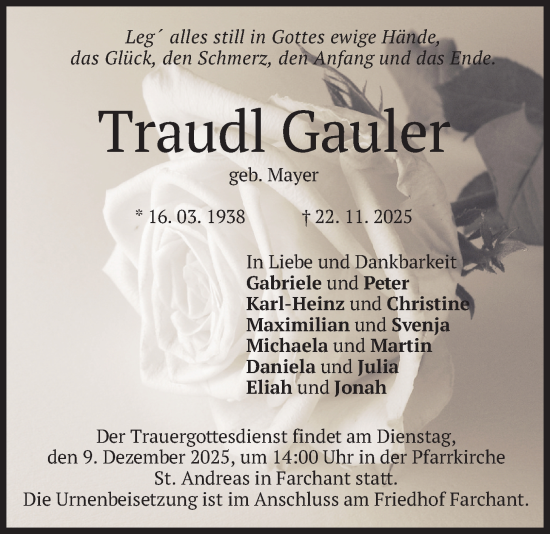 Traueranzeige von Traudl Gauler von merkurtz