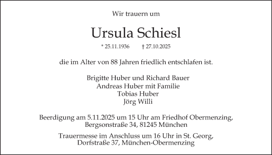 Traueranzeige von Ursula Schiesl von merkurtz