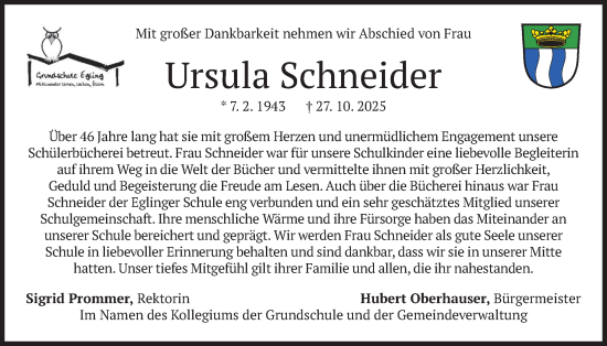 Traueranzeige von Ursula Schneider von merkurtz