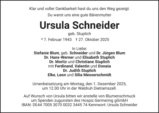 Traueranzeige von Ursula Schneider von merkurtz