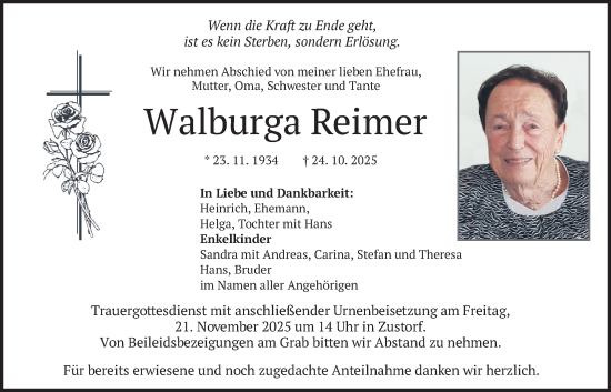 Traueranzeige von Walburga Reimer von merkurtz