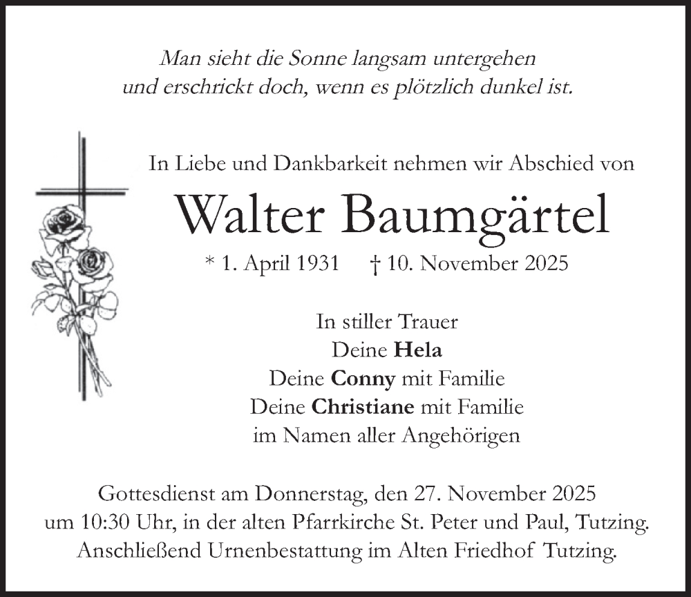  Traueranzeige für Walter Baumgärtel vom 15.11.2025 aus merkurtz