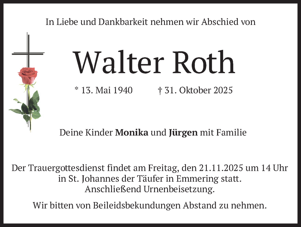  Traueranzeige für Walter Roth vom 15.11.2025 aus merkurtz