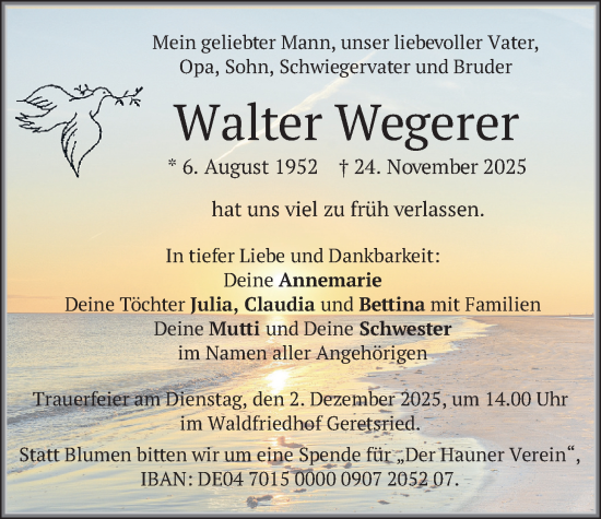 Traueranzeige von Walter Wegerer von merkurtz