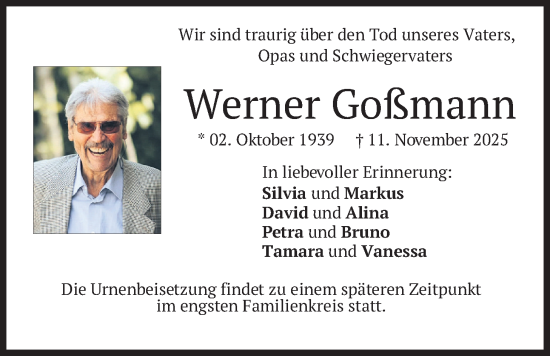 Traueranzeige von Werner Goßmann von merkurtz