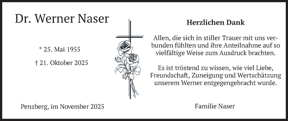  Traueranzeige für Werner Naser vom 07.11.2025 aus merkurtz