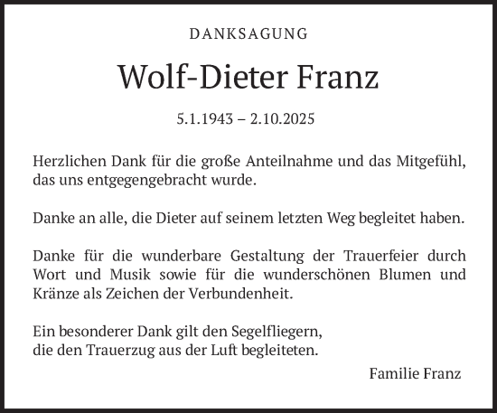 Traueranzeige von Wolf-Dieter Franz von merkurtz