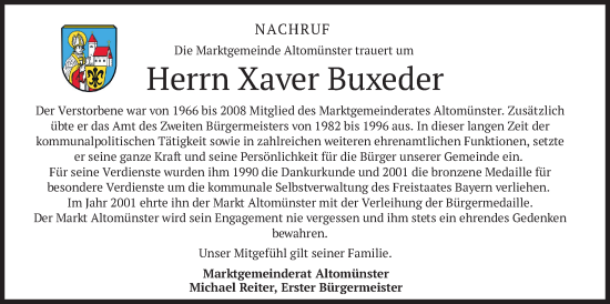 Traueranzeige von Xaver Buxeder von merkurtz