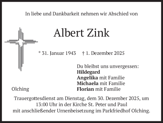 Traueranzeige von Albert Zink von merkurtz