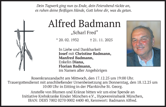 Traueranzeige von Alfred Badmann von merkurtz