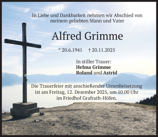 Traueranzeige von Alfred Grimme von merkurtz