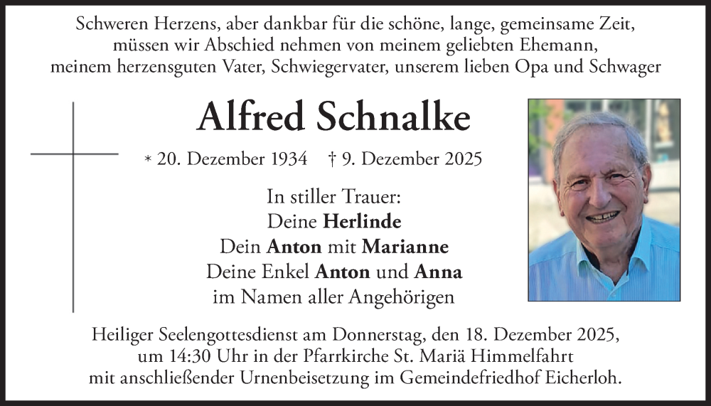  Traueranzeige für Alfred Schnalke vom 13.12.2025 aus merkurtz