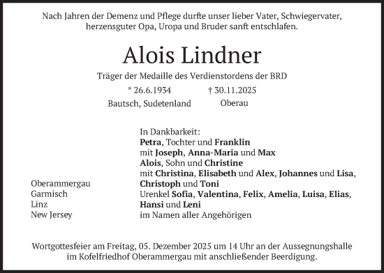 Traueranzeige von Alois Lindner von merkurtz