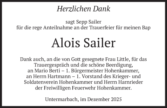 Traueranzeige von Alois Sailer von merkurtz