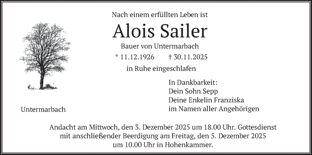  Traueranzeige für Alois Sailer vom 02.12.2025 aus merkurtz