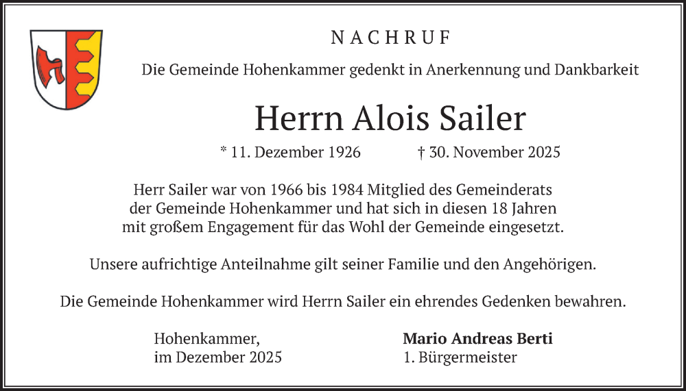  Traueranzeige für Alois Sailer vom 03.12.2025 aus merkurtz