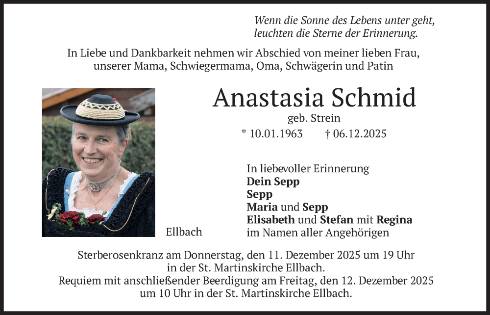  Traueranzeige für Anastasia Schmid vom 10.12.2025 aus merkurtz