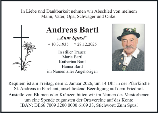 Traueranzeige von Andreas Bartl von merkurtz