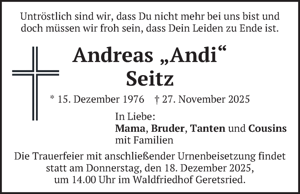  Traueranzeige für Andreas Seitz vom 13.12.2025 aus merkurtz