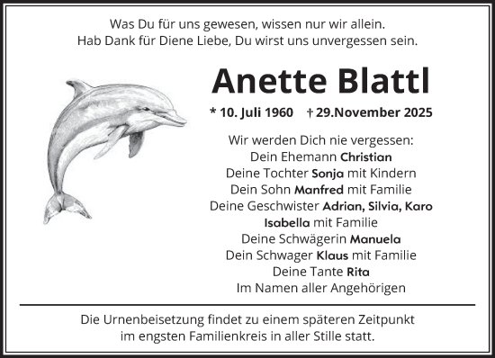 Traueranzeige von Anette Blattl von Das Gelbe Blatt Penzberg