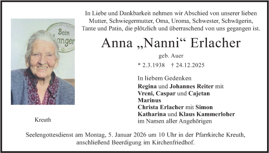 Traueranzeige von Anna Erlacher von merkurtz