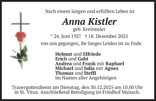 Traueranzeige von Anna Kistler von merkurtz